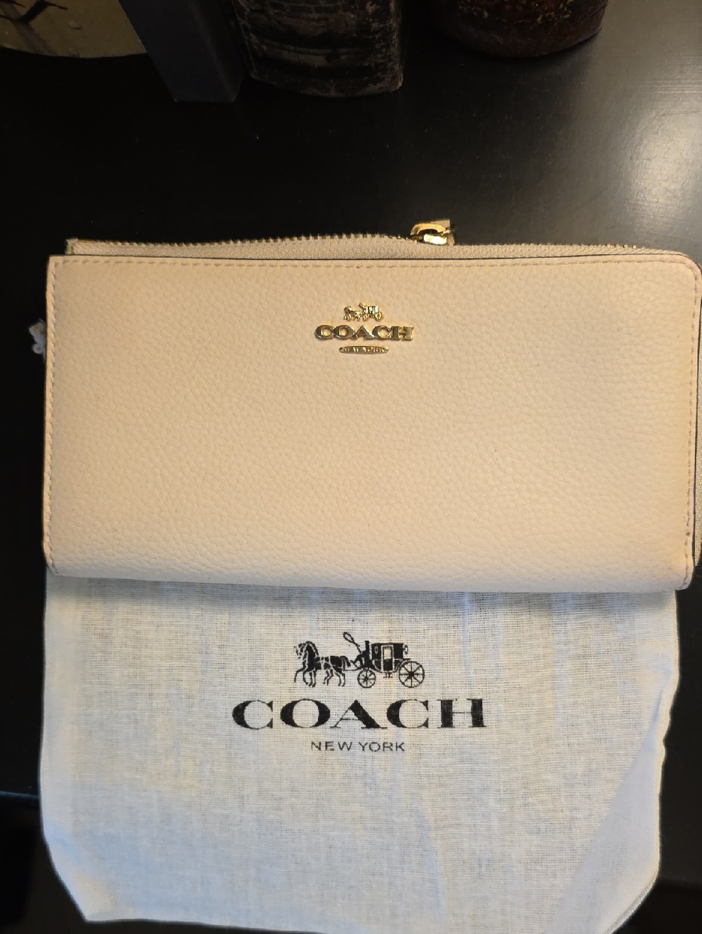 Coach Cream 3/4 Zip-Around Peppled Leather Wallet with Gold Logo